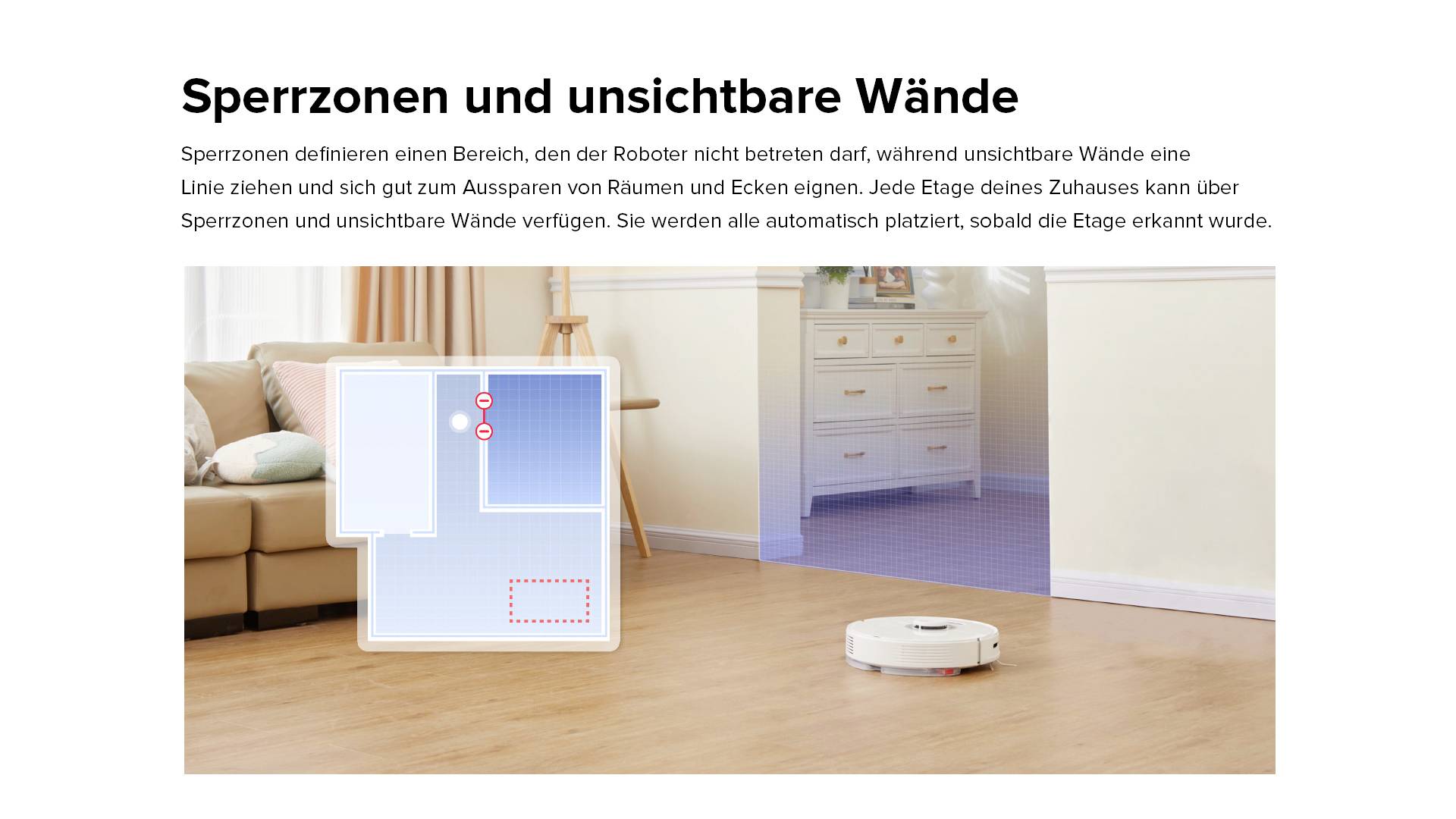 'Een robotstofzuiger in de woonkamer. Op een plattegrond wordt het afgesloten gebied getoond dat de robot niet mag betreden.'