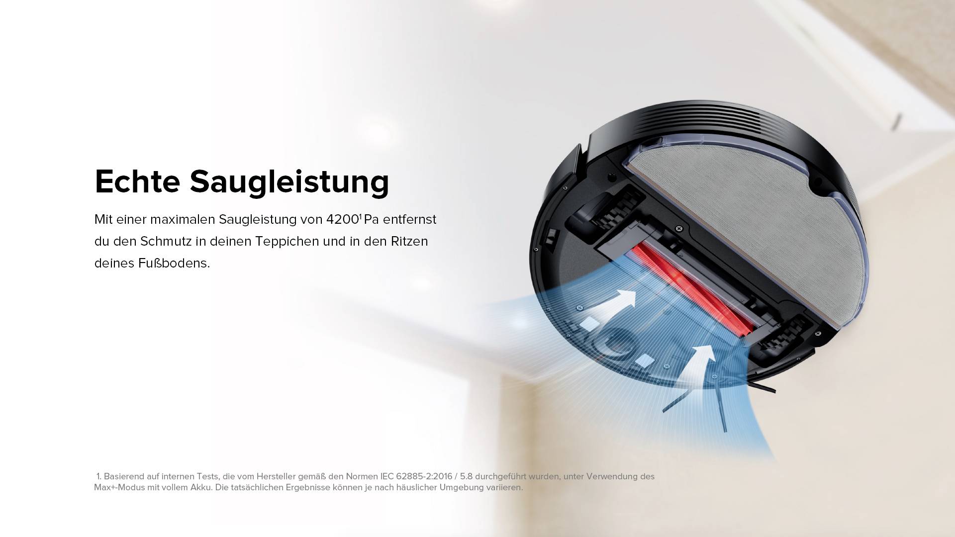 Een stofzuiger-robot toont zijn zuigkracht van 4200 Pa, verwijdert vuil uit tapijten en kieren. Heldere woonomgeving op de achtergrond.