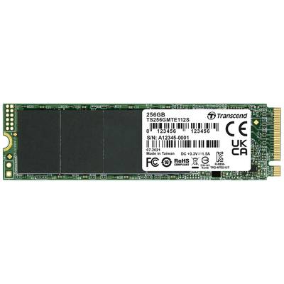Een M.2 SSD van Transcend met 256GB capaciteit. Op het etiket zijn serienummer, modelnummer en conformiteitssymbolen zichtbaar.