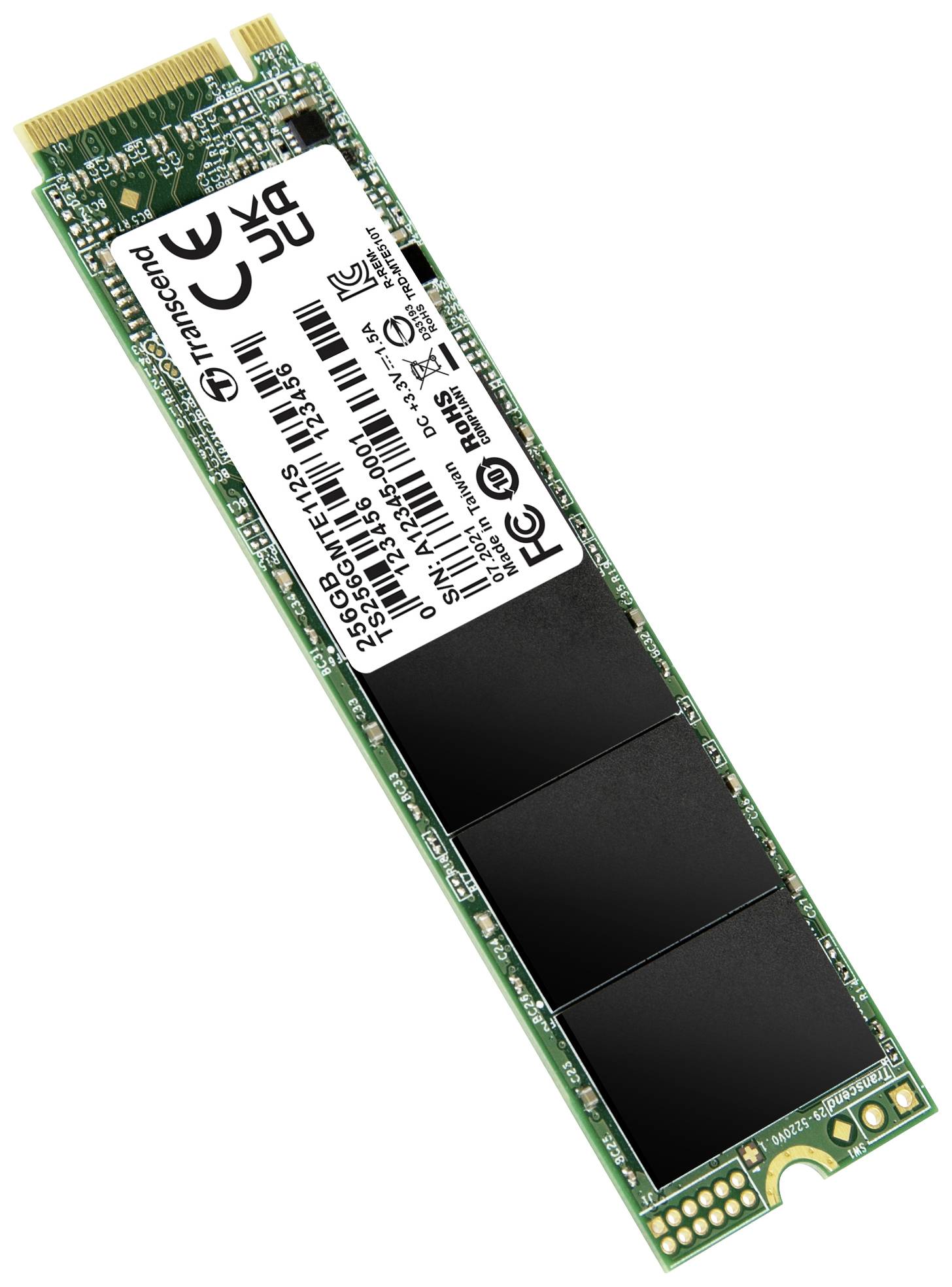Een M.2 NVMe SSD, geheugenchip met een groene printplaat en een etiket met technische specificaties, geschikt voor snelle datatoverdracht.