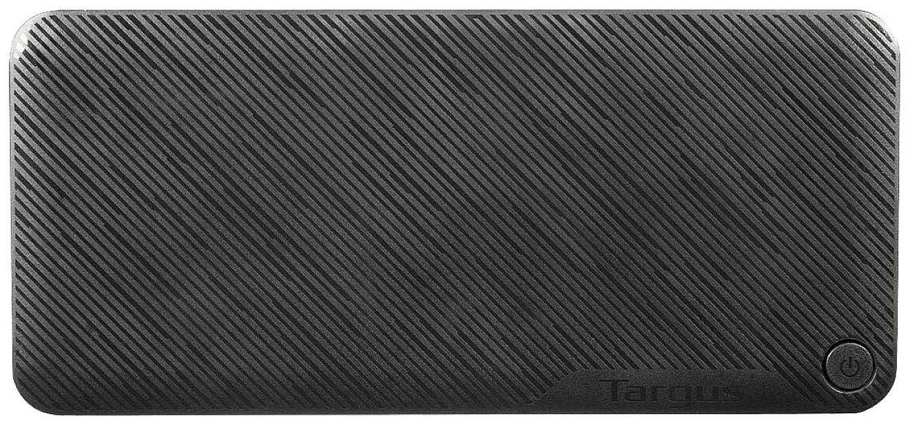 Rechthoekige, zwarte powerbank met diagonale lijnen en een aan-/uitknop in de rechterbenedenhoek.