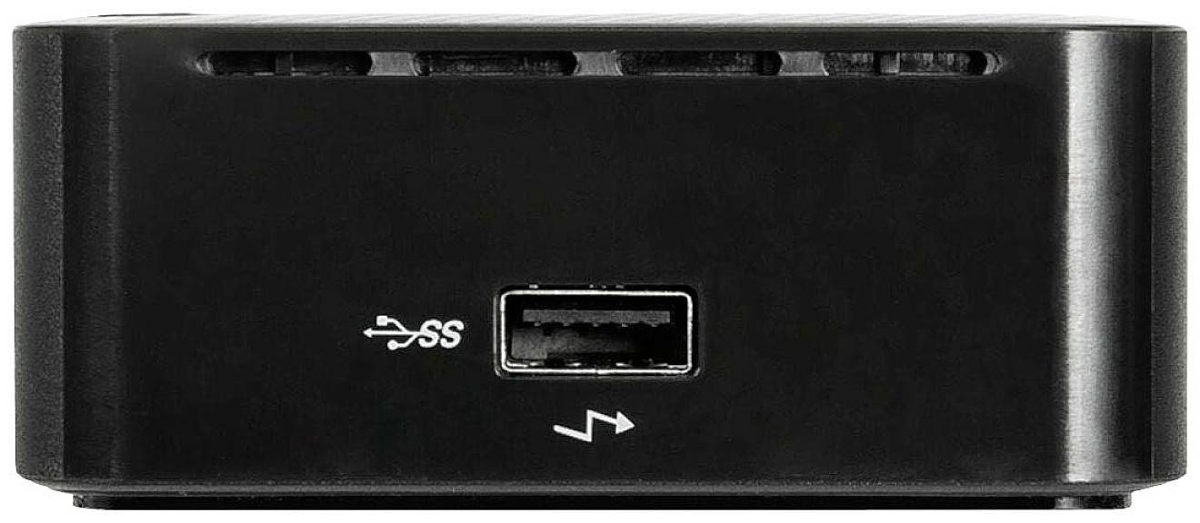 Kleine zwarte doos met een USB-aansluiting aan de voorkant. Bovenaan zijn ventilatiesleuven zichtbaar.