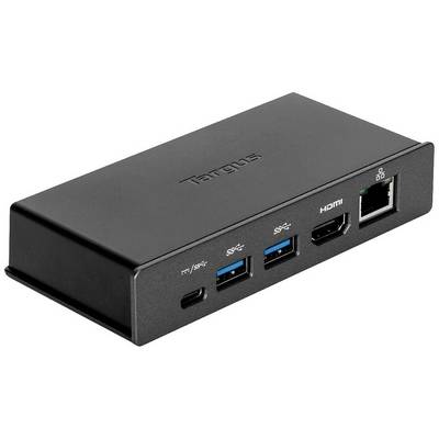 Een zwart dockingstation-apparaat met meerdere aansluitpoorten, waaronder USB-C, USB 3.0, HDMI en Ethernet, op een witte ondergrond.