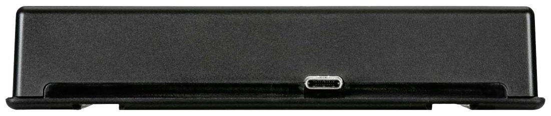 Een zwarte elektronische dockingstation met een kleine USB-C-aansluiting in het midden van de voorkant.