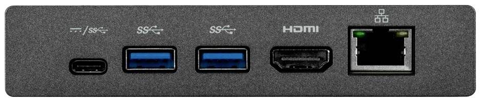 Achterkant van een apparaat met aansluitingen: een USB-C, twee USB-A, een HDMI en een Ethernet-poort.