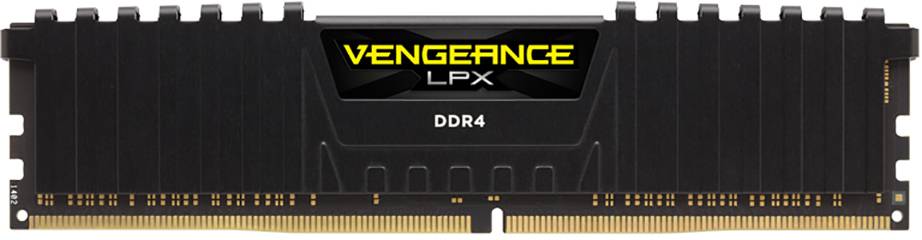 DDR4 RAM-module van Corsair, model 'Vengeance LPX', hoofdzakelijk zwart met goudkleurige contacten, voor desktopcomputers.