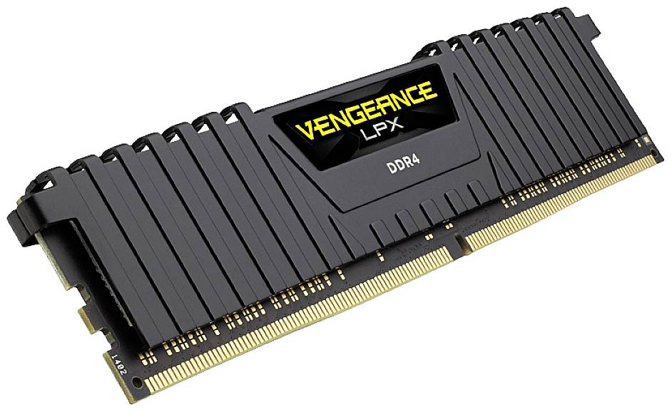 Zwarte DDR4-RAM-module met geel 'Vengeance LPX'-logo. Ontwikkeld voor hoge prestaties in computers.