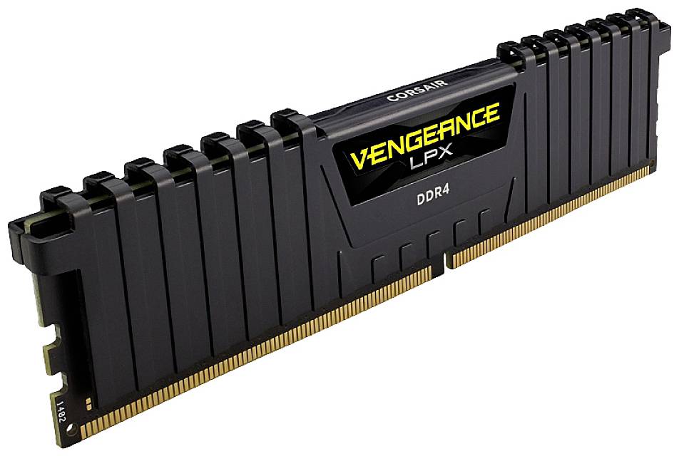 Corsair Vengeance LPX DDR4 computergeheugenmodule, zwart met gouden contacten.