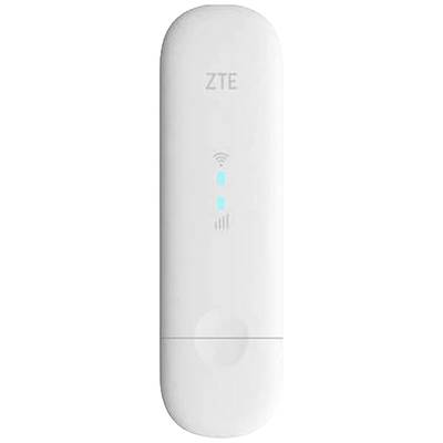 Een witte USB-internet-stick met het 'ZTE'-logo en blauw oplichtende LED-indicatoren voor signaalsterkte en verbinding.