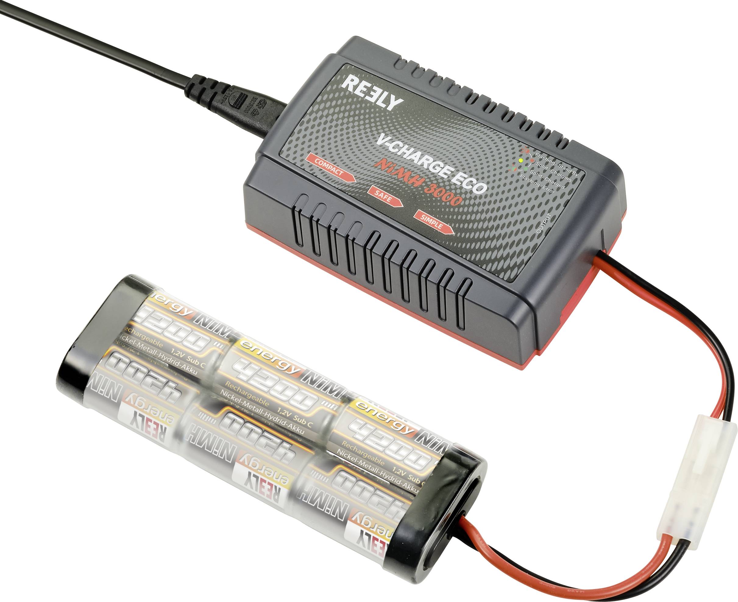 Een oplader met kabel verbindt zich met een batterijpak. De oplader heeft aanwijzingen voor de spanning en capaciteit.