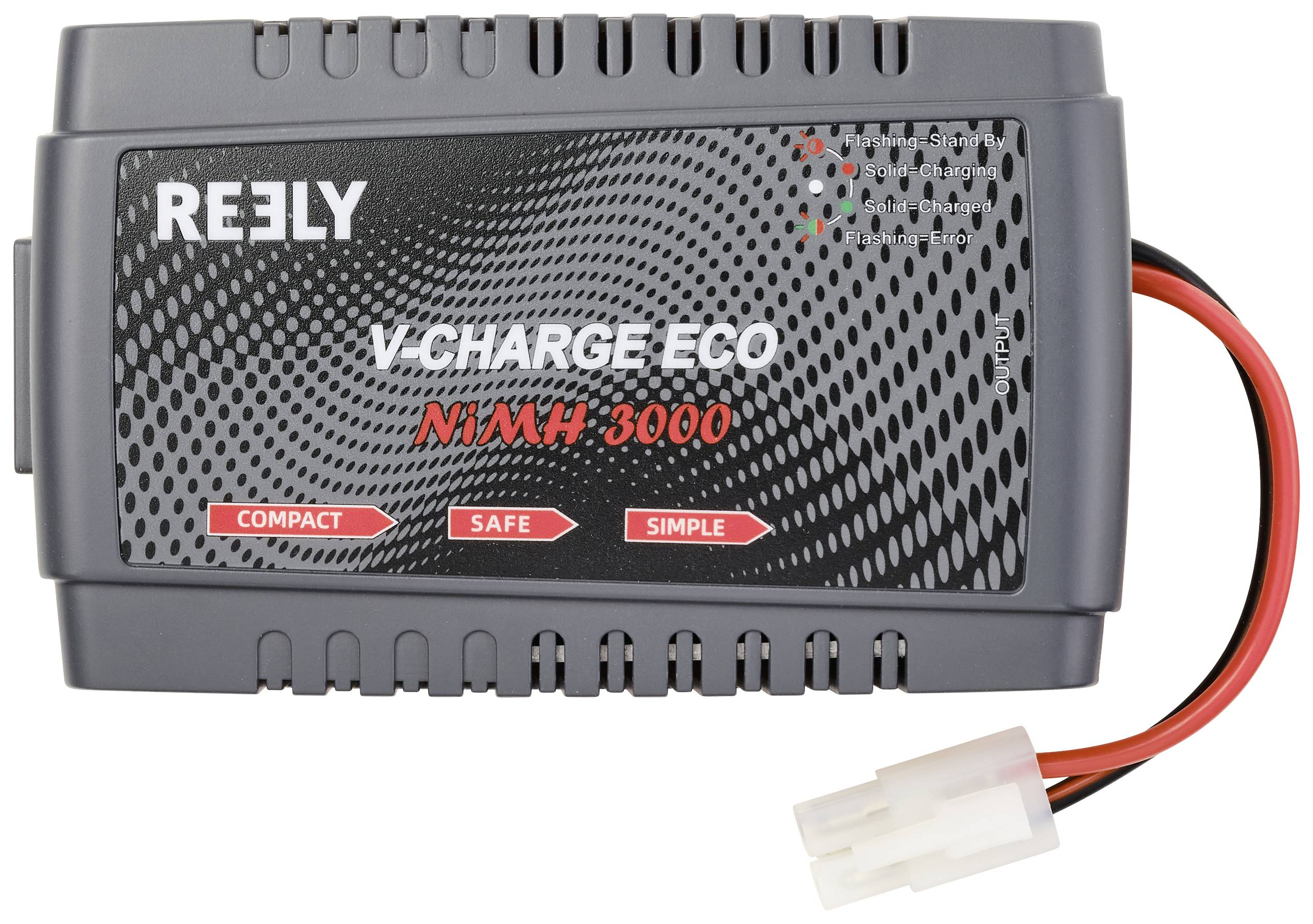 NIMH-acculader van Reely met de opschriften 'Compact', 'Veilig' en 'Eenvoudig'. Led-lampjes voor laadstatus tonen 'Laden', 'Vol' en 'Storing'.