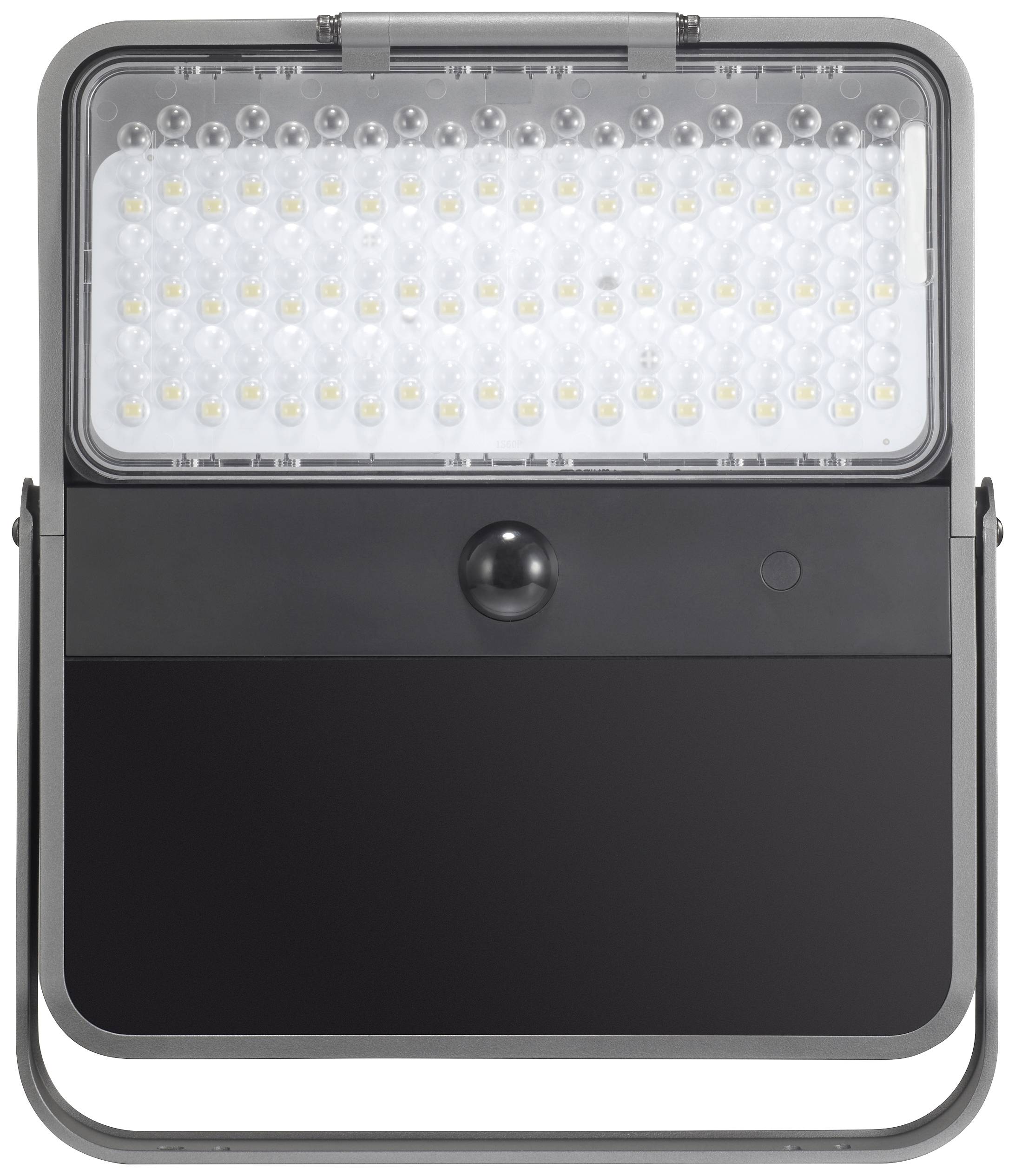 Een rechthoekige LED-schijnwerper met talrijke heldere LED's en een bewegingssensor in het midden, gemonteerd in een zwarte behuizing.