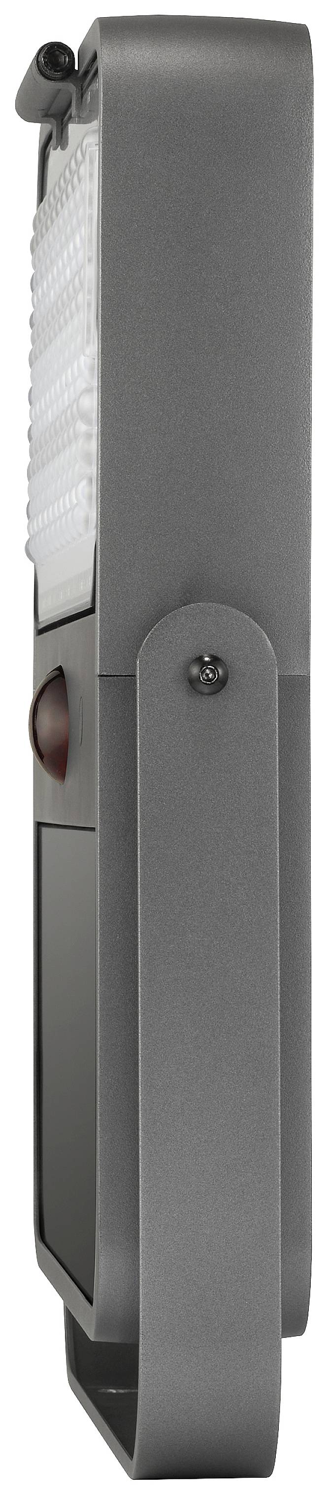 Zijaanzicht van een moderne, grijze LED-lamp met beugel, geschikt voor werkverlichting.