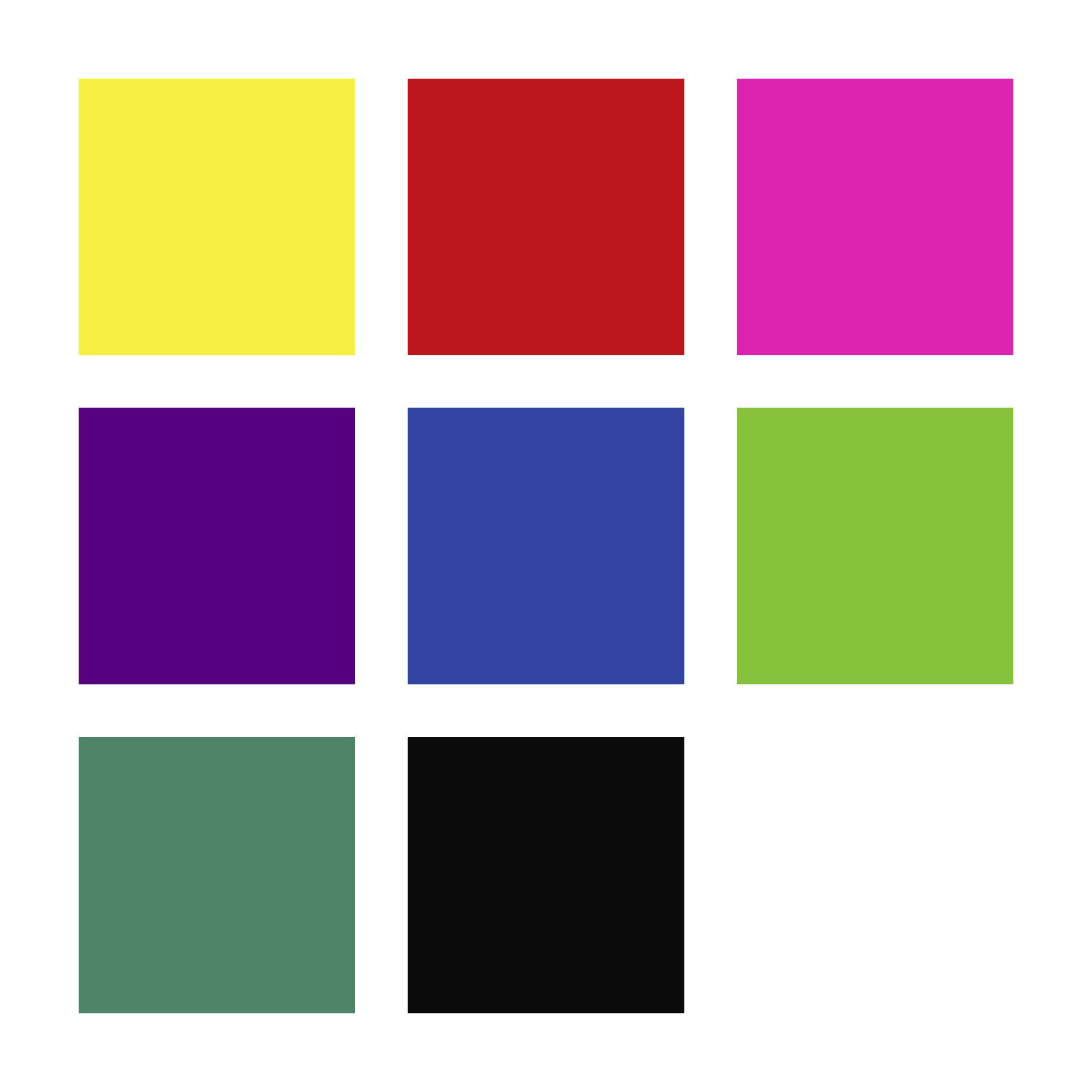 Negen vierkanten in verschillende kleuren: geel, rood, roze, paars, blauw, groen, donkergroen, zwart. Gerangschikt in een 3x3 raster.
