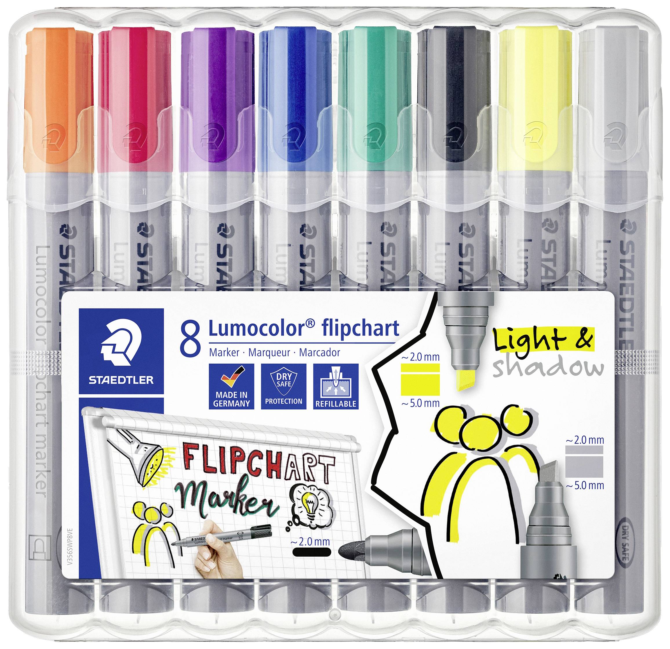Acht kleurrijke Staedtler Lumocolor flipchart-markers in een transparante verpakking. Geschikt voor het beschrijven van flipcharts.