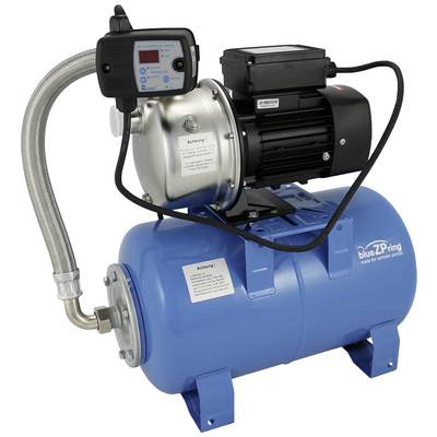 Een blauwe waterpomp met drukvat, pompmotor en digitale bedieningselementen, die wordt gebruikt voor watervoorziening in gebouwen.