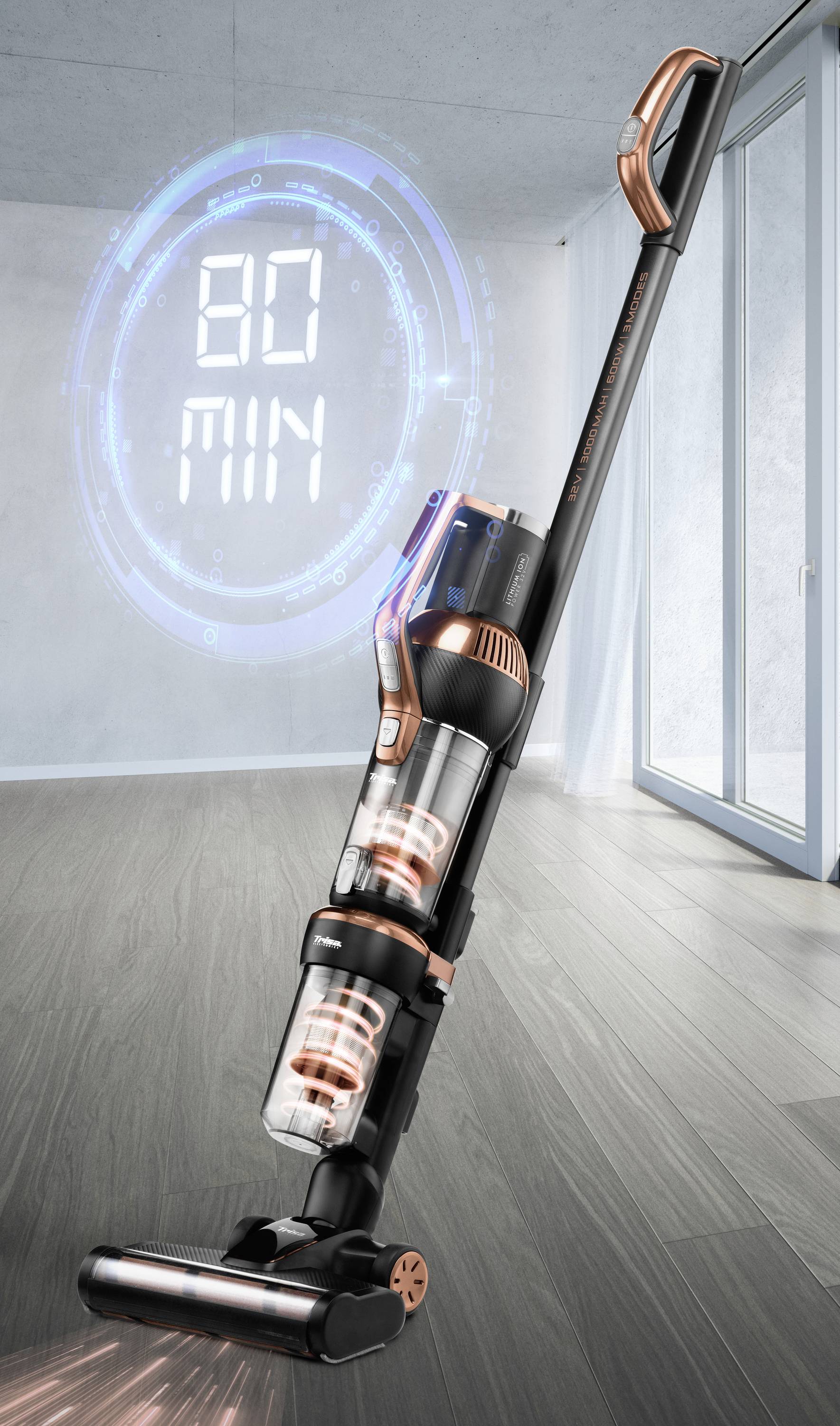 Draadloze stofzuiger op vloer in moderne ruimte, toont functie '80 MIN' voor 80 minuten batterijduur.