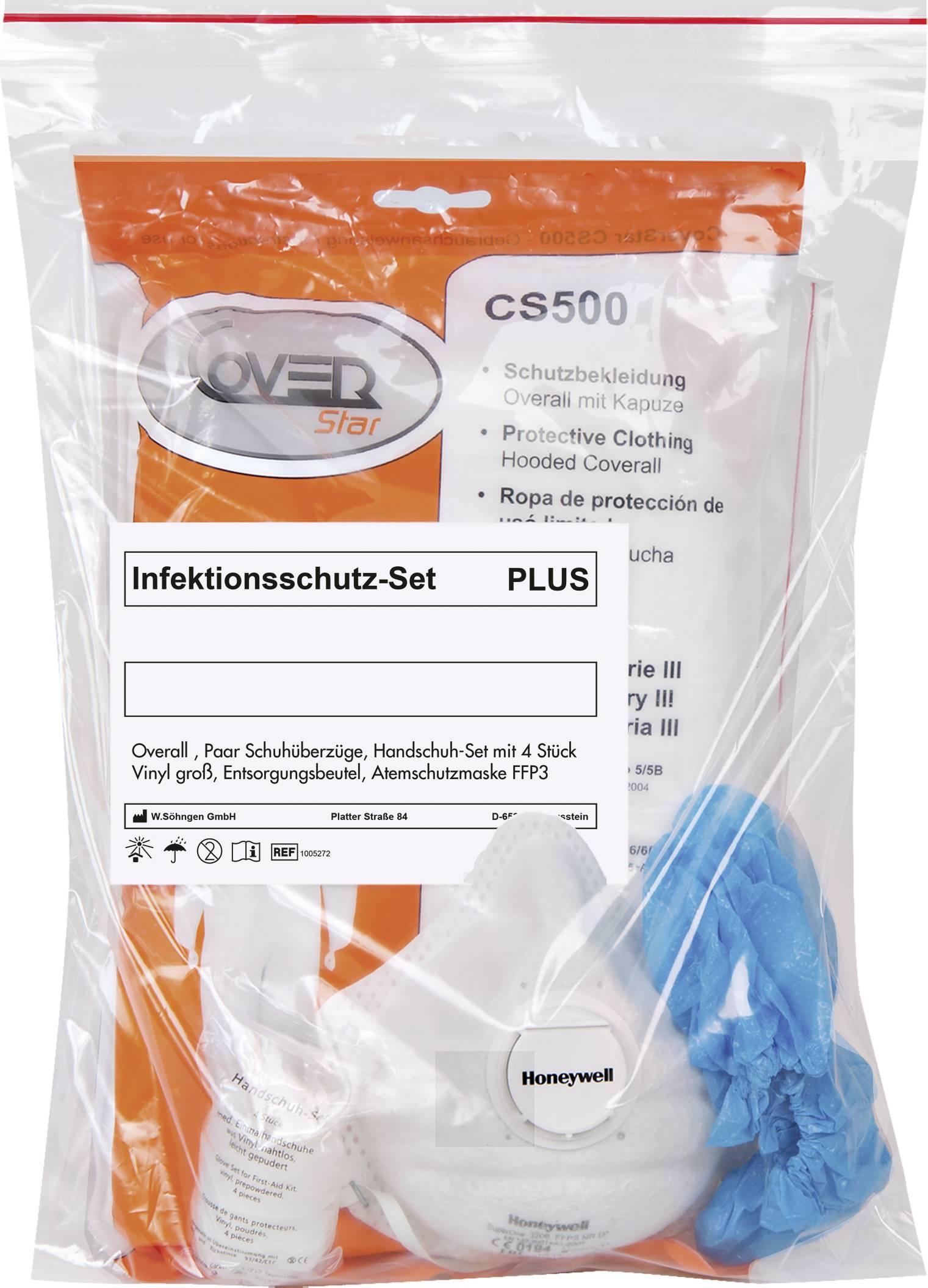 Beschermingsset met overall, handschoenen, FFP3-mondmasker en afgiftezak, in transparante verpakking. Geëtiketteerd als 'Infectiebeschermingsset PLUS'.