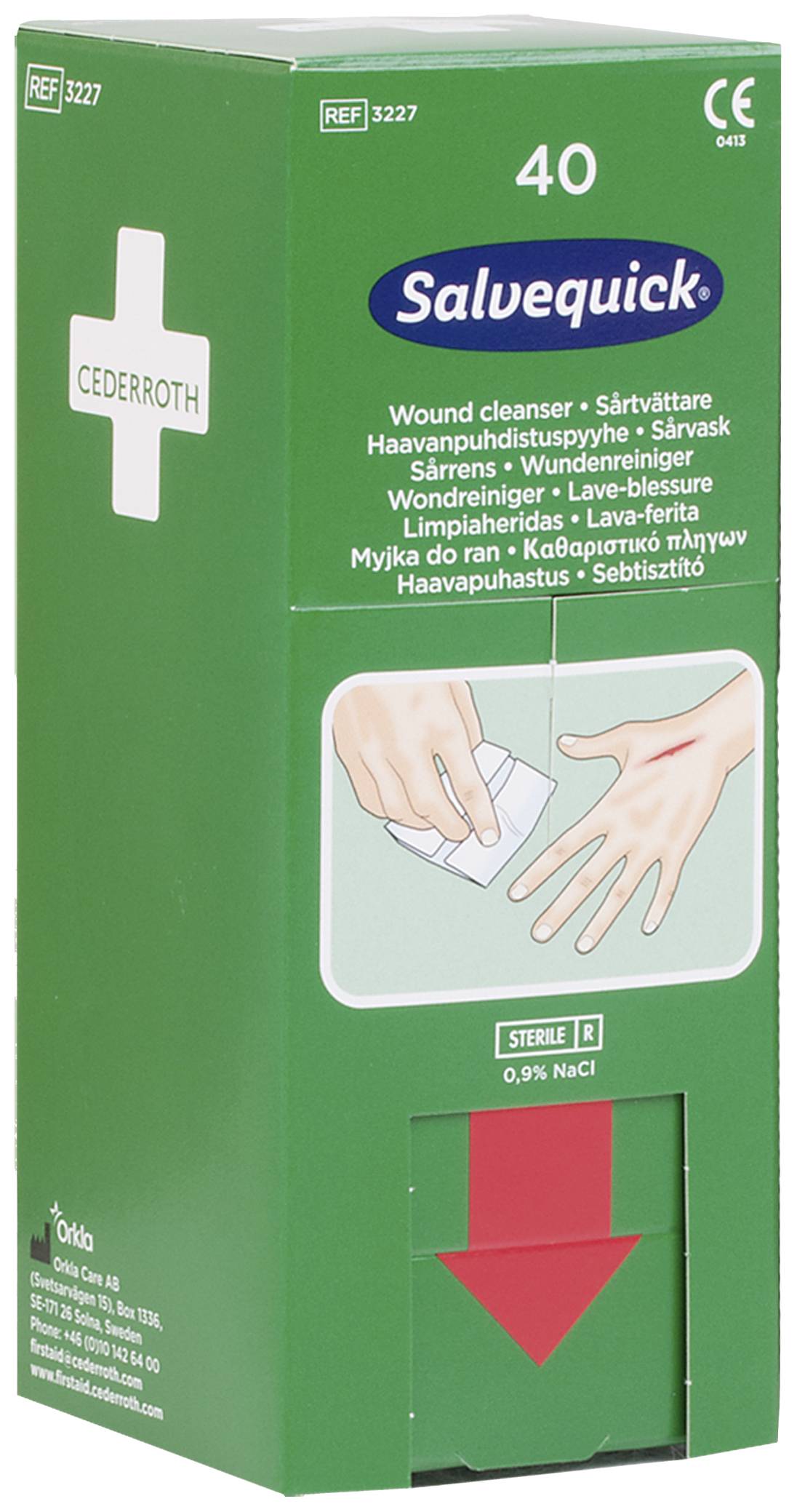 Groene doos met Salvequick Wondreiniging, toont handen die een doekje gebruiken. Beschrijving in meerdere talen, inclusief 'Wondreiniging'.