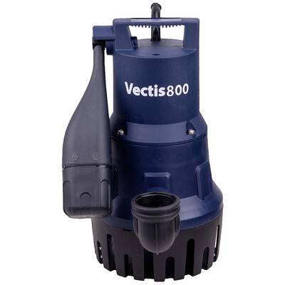 Een blauwe dompelpomp met het opschrift 'Vectis800' aan de bovenkant. Geschikt voor het wegpompen van water in kelders.