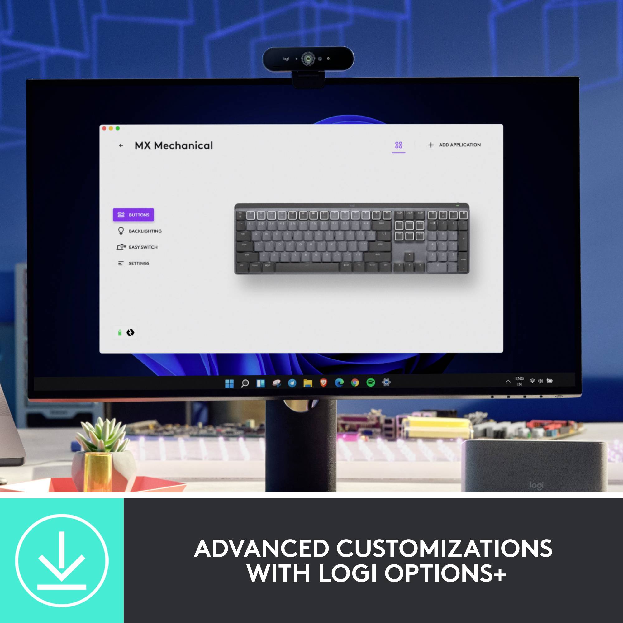 Een computerscherm toont het MX Mechanical toetsenbord met de 'Logi Options+' software voor geavanceerde aanpassingsmogelijkheden.