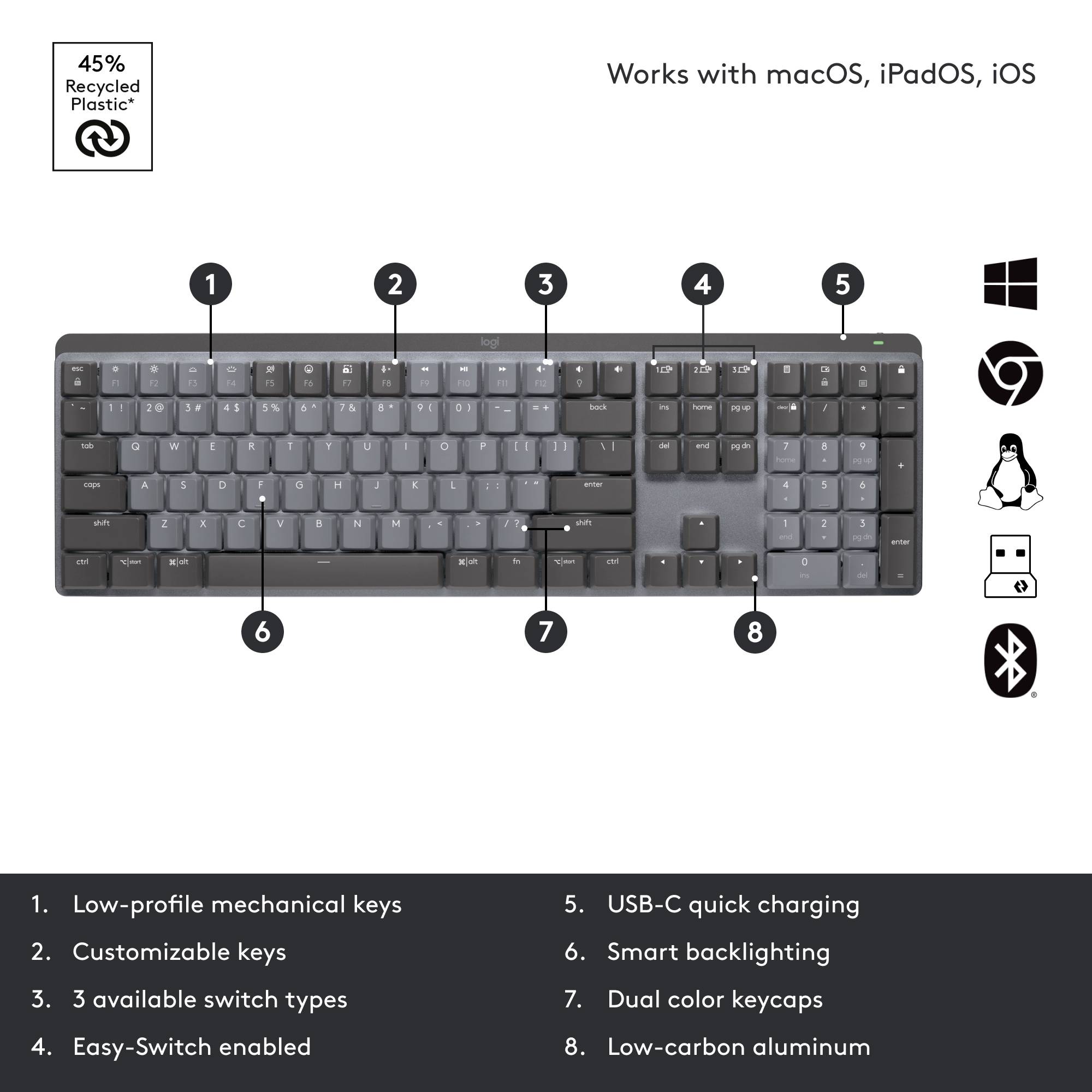 Toetsenbord met functies: platte mechanische toetsen, aanpasbare toetsen, verschillende schakelaartypes, Easy-Switch, USB-C, achtergrondverlichting, keycaps, aluminium behuizing. Compatibel met macOS, iPadOS, iOS, Windows, Linux, Android.