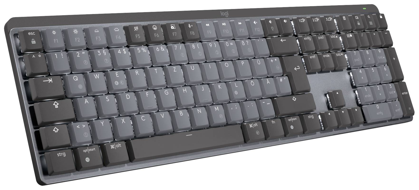 Een zwarte toetsenbord met een Duits QWERTZ-toetsenbordindeling en een numeriek toetsenblok.