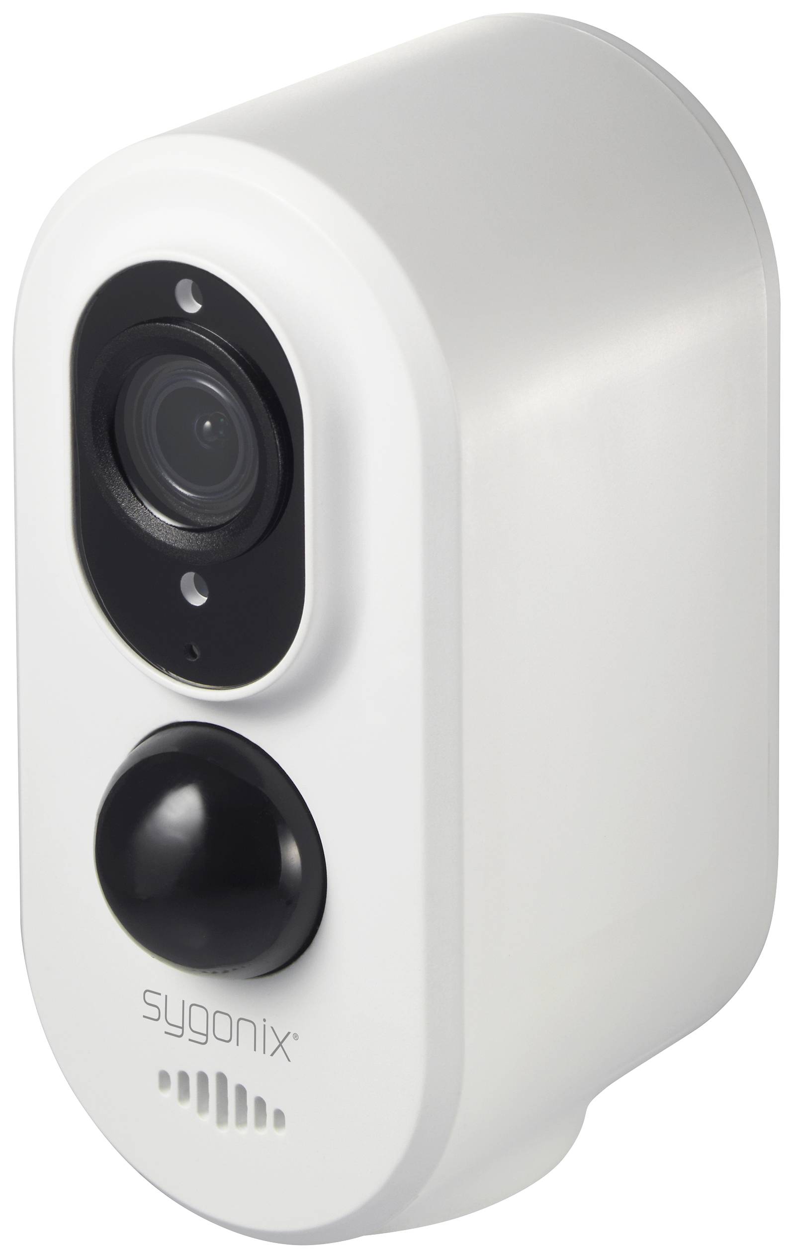 Witte, cilindrische bewakingscamera met lens en sensor, merk sygonix, geschikt voor beveiligingstoezicht.