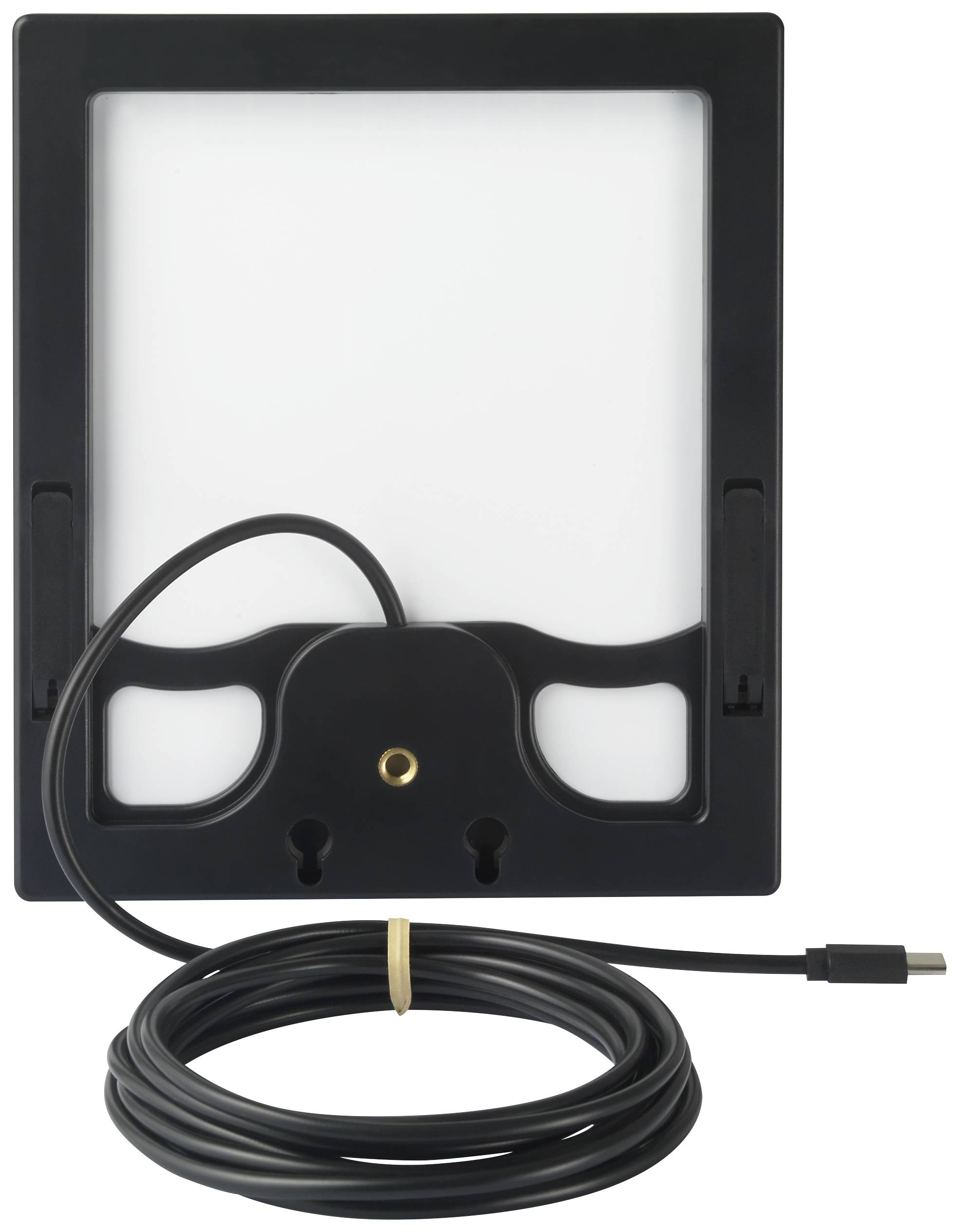 Een zwart apparaat voor tablets of e-readers met een standaard en een lang USB-C-kabel.