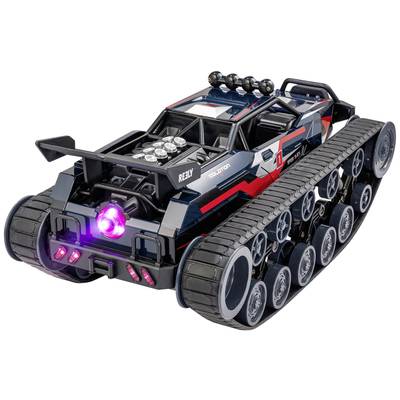 Een afstandsbediend, kettinggedreven voertuig met een futuristisch ontwerp, geschikt voor buitenspeelavonturen.