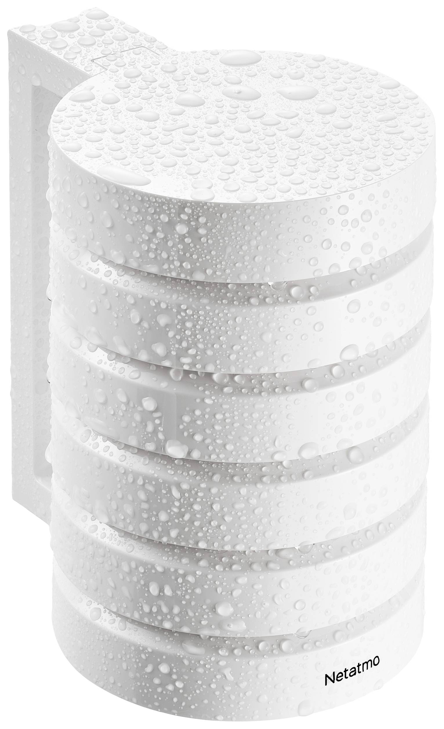 Witte sensorcilinder met waterdruppels op het oppervlak. Tekst 'Netatmo' onderaan de rand.