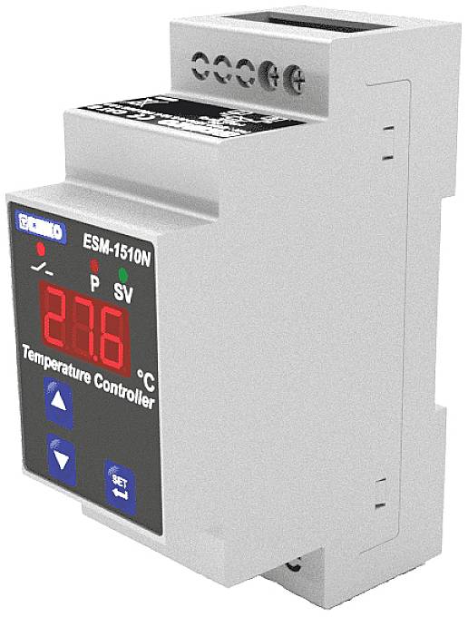 Temperatuurregelaar met digitaal display toont '28,6 °C'. Toetsen eronder voor instelling. Modelnummer 'ESM-1510N' linksboven.