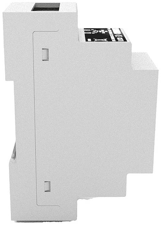 DIN-railmodule in wit behuizing, zijdelings weergegeven. Het heeft een rechthoekige vorm en zichtbare montageonderdelen.