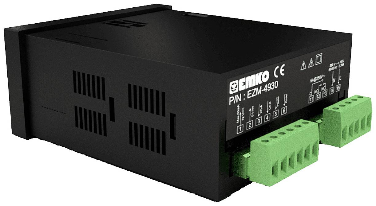 Zwarte elektronische besturings-eenheid met groene aansluitingen; opschrift 'Emko P/N: EZM-4930'; CE-markering zichtbaar.