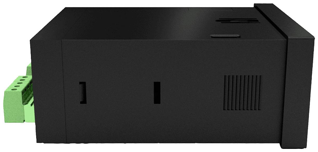 Een zwart elektronisch apparaat met groene aansluitklemmen aan de zijkant. Het is rechthoekig en heeft ventilatiesleuven.