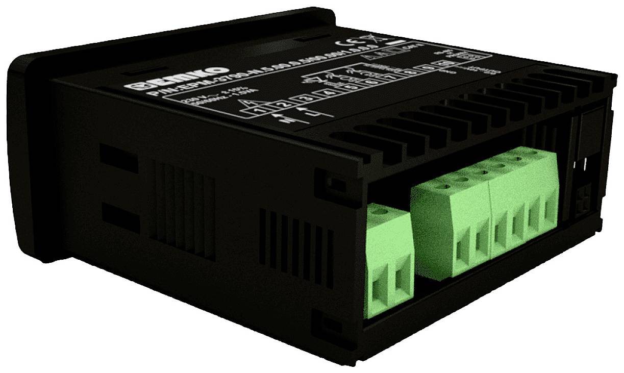 Een zwart elektronisch apparaat met groene aansluitingen, dat wordt gebruikt voor elektrische aansluitingen of besturingen.