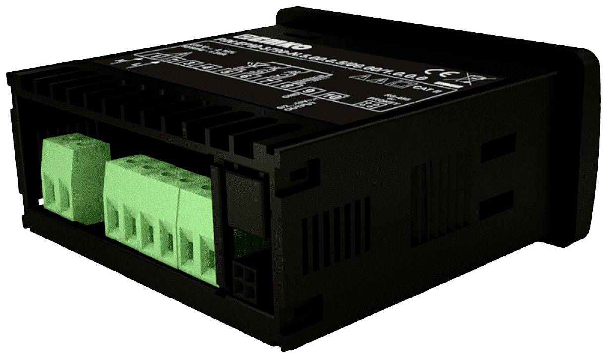 Zwart elektronisch apparaat met groene aansluitklemmen aan de linkerkant. Rechthoekige behuizing met technische details bovenaan.