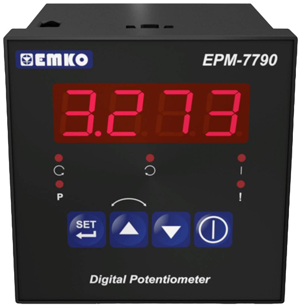 Een digitale potentiometer van Emko, model EPM-7790, toont de waarde 3,273. Bedieningsknoppen eronder maken de instelling mogelijk.