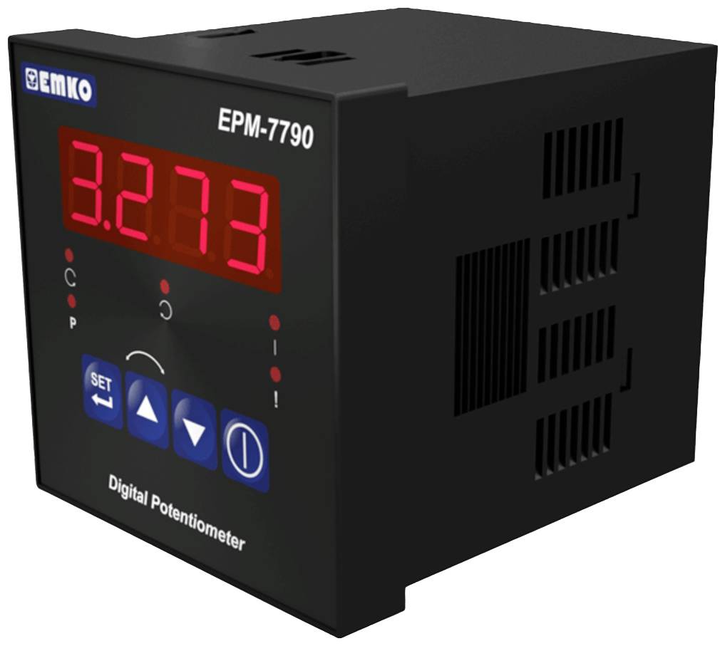 Zwart digitaal potentiometer, model EPM-7790, met rode LED-weergave die '3.273' toont. Knoppen voor instellingen eronder.