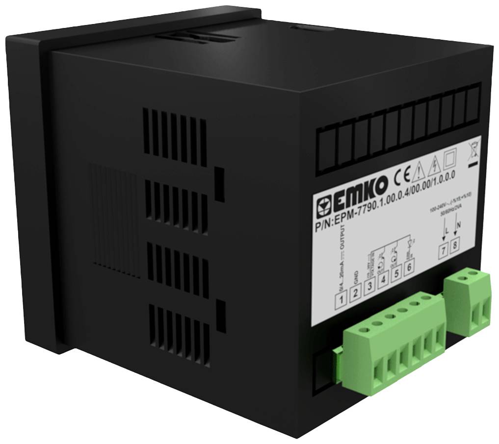 De afbeelding toont een zwart elektronisch apparaat van Emko met groene aansluitingen en meerdere symbolen op de voorkant. Model: EPM-7790.
