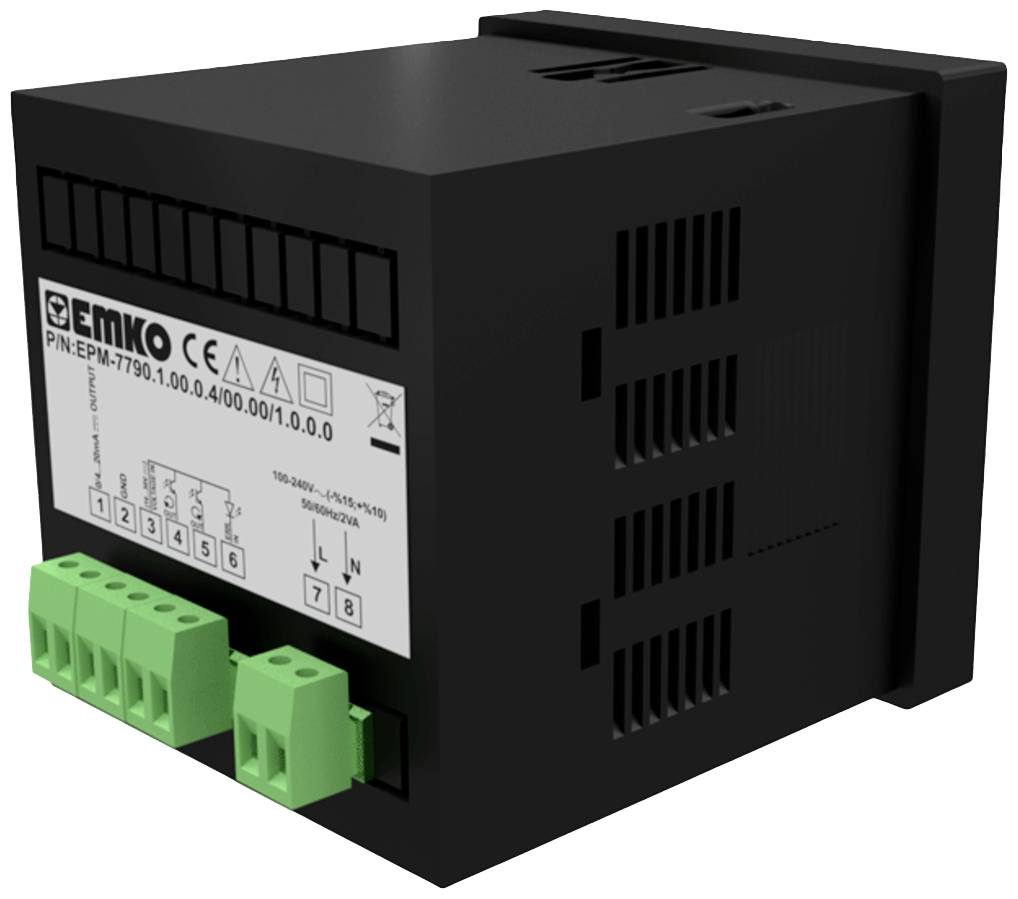 Een zwart elektronisch apparaat met groene aansluitingen en een etiket met typeaanduiding en technische details aan de voorkant.