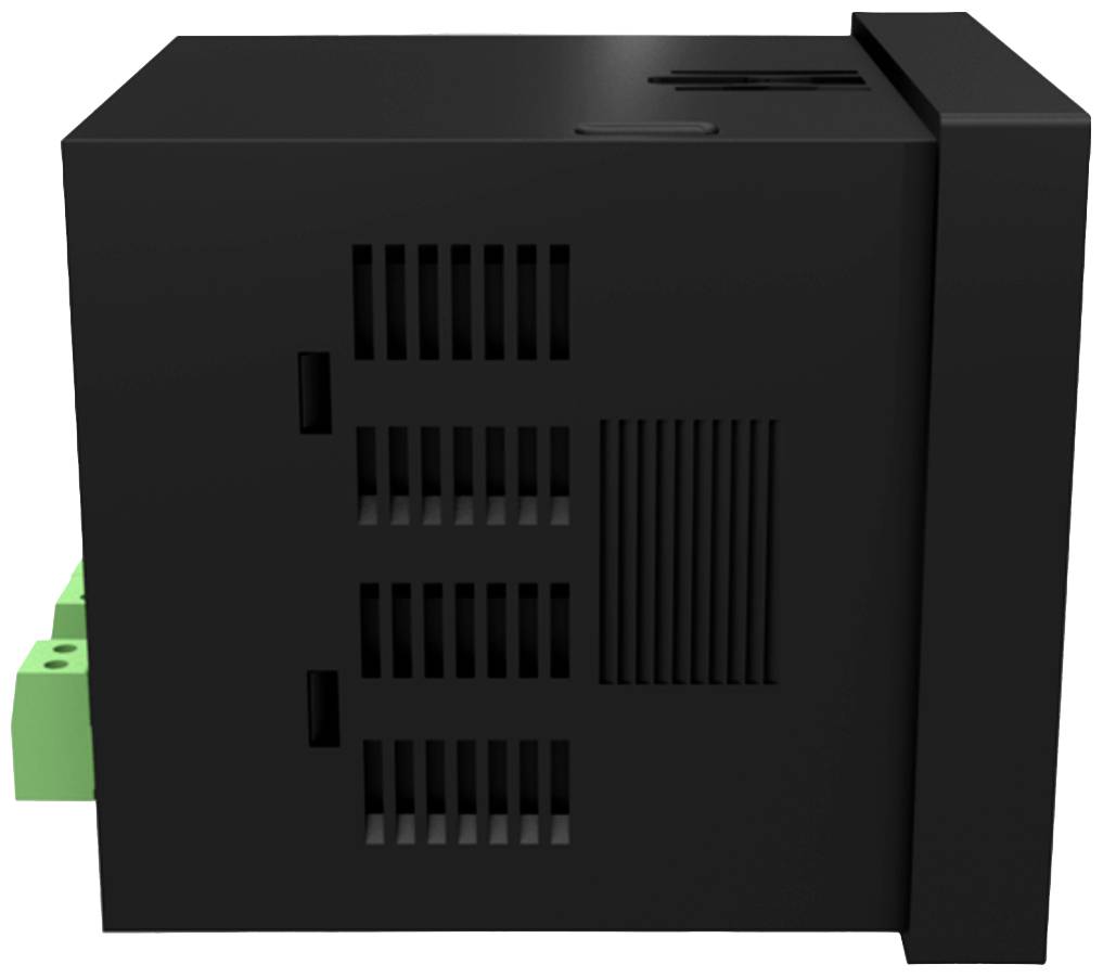 Een zwart elektrisch apparaat met ventilatiesleuven, zijaanzicht. Aan de achterkant zijn twee groene aansluitklemmen bevestigd.