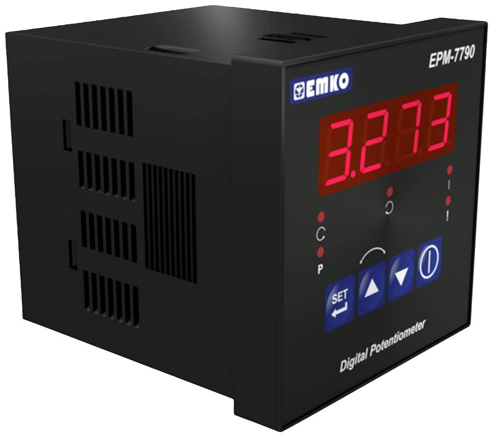 Digitale potentiometer in een rechthoekige zwarte behuizing, toont een LED-display van "3.273". Functies voor instellingen en controle zichtbaar.