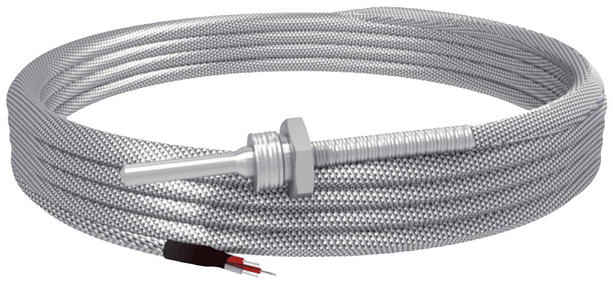 Een lang, zilver gevlochten kabel met een metalen punt aan het ene uiteinde en blootliggende draden aan het andere uiteinde.