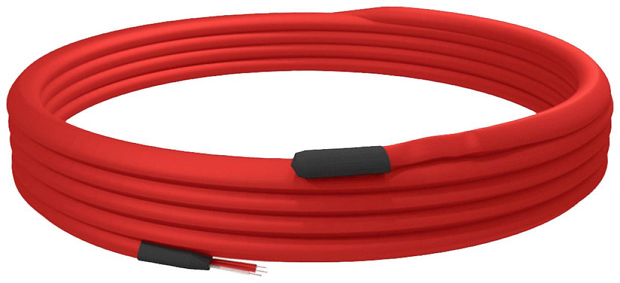 Rood verwarmingskabel opgerold, geïsoleerd en ontworpen voor buitengebruik. Ideaal ter bescherming tegen vorst.