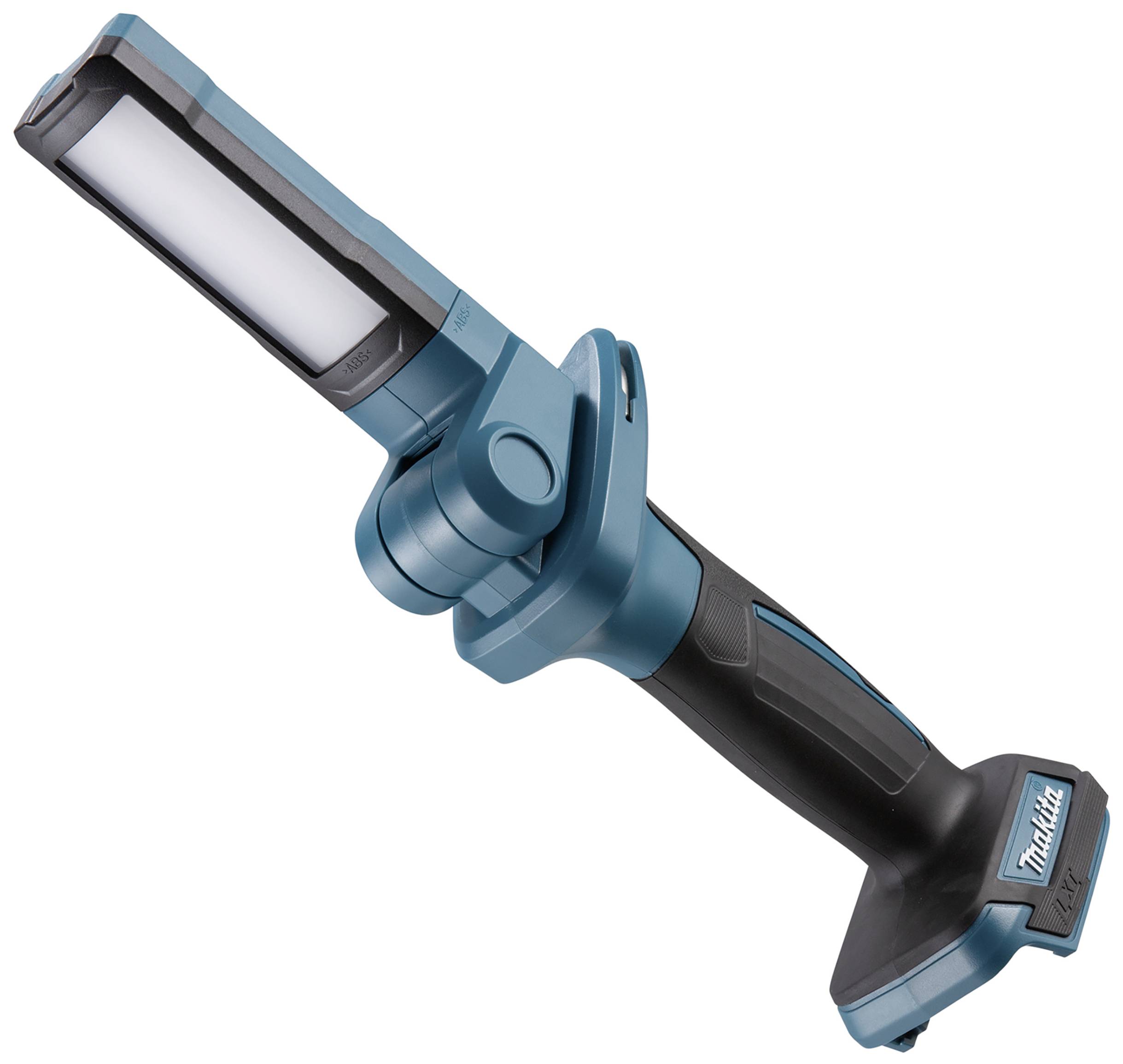 Accu-aangedreven LED-werklamp in blauw met kantelbare kop, geschikt voor verschillende werkomgevingen.