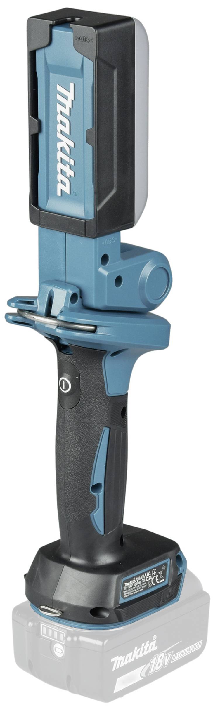 Snoerloze boormachine in blauw en zwart. Accustroomgereedschap, staand op een grijze sokkel.