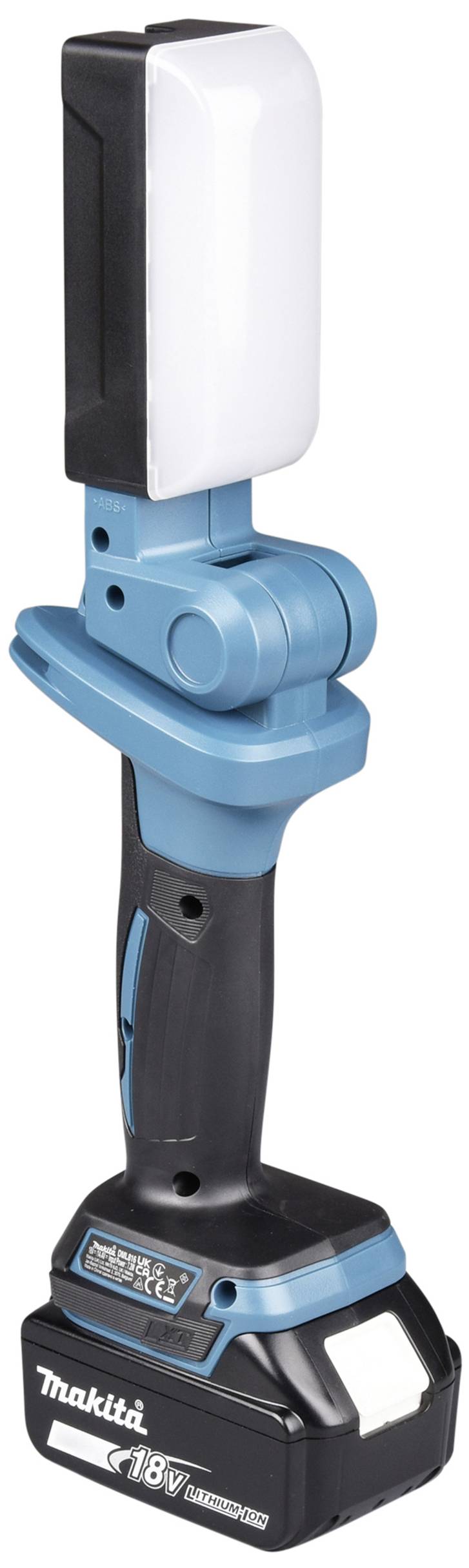 Draadloze blauwe Makita werklamp met zwarte handgreep en 18V-accu.