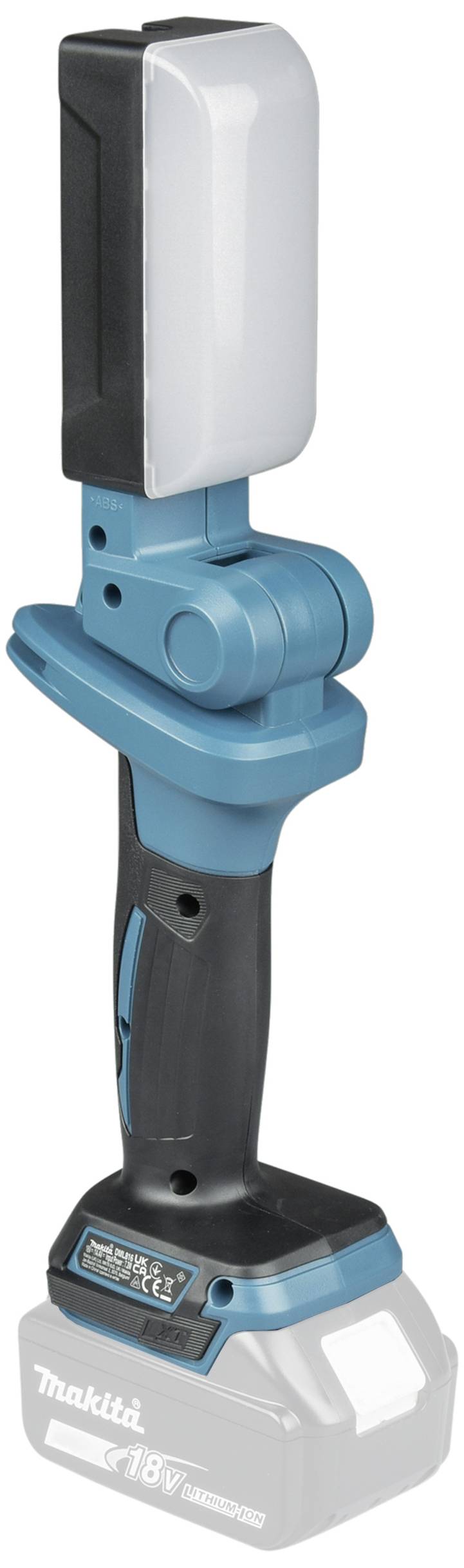 Blauwe en zwarte draagbare accuhandlamp met verstelbare kop. Geschikt voor werkzaamheden in donkere omgevingen. Bevat het merk 'Makita'.