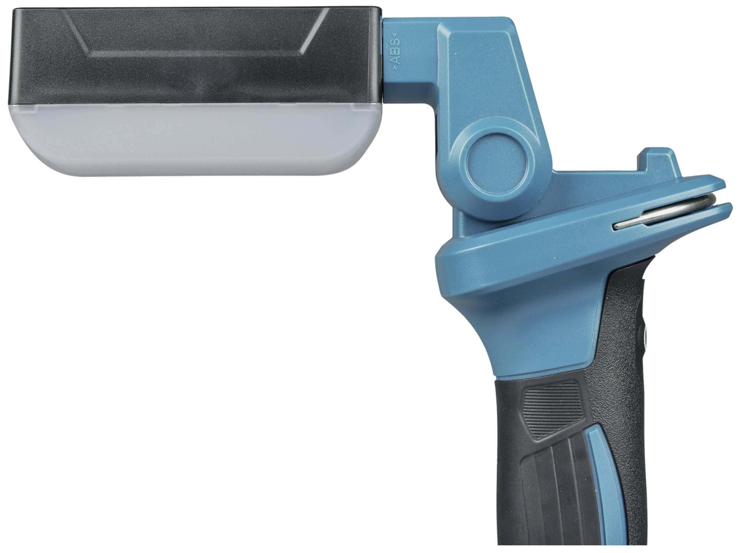 Elektrisch gereedschap met een blauwe handgreep en een zwart hoofd. Het lijkt een apparaat voor verlichting of aanduiding te zijn.